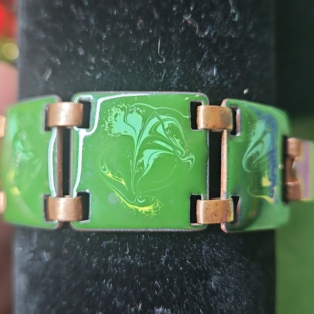 Vintage Enameled Copper bracelet Dark Green